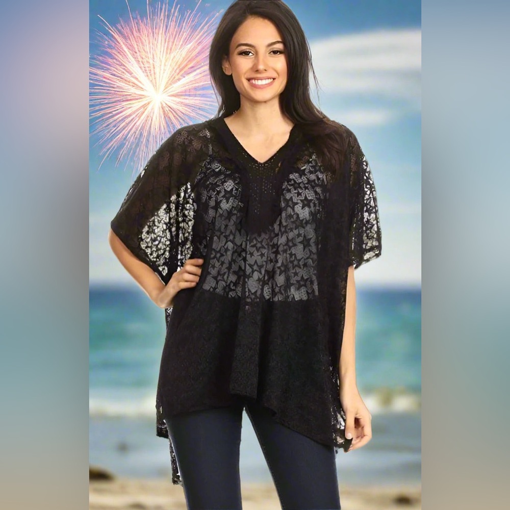 NEW Womens 4th of July Star Print Black Lace Swimsuit Cover Up Kimono Top